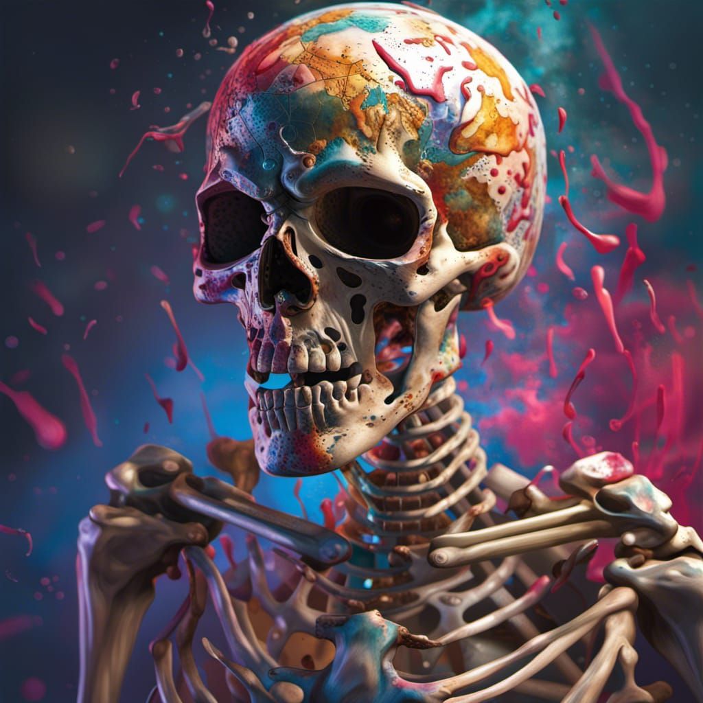 Four-Armed Skeleton in Hyperrealistic Splash Art