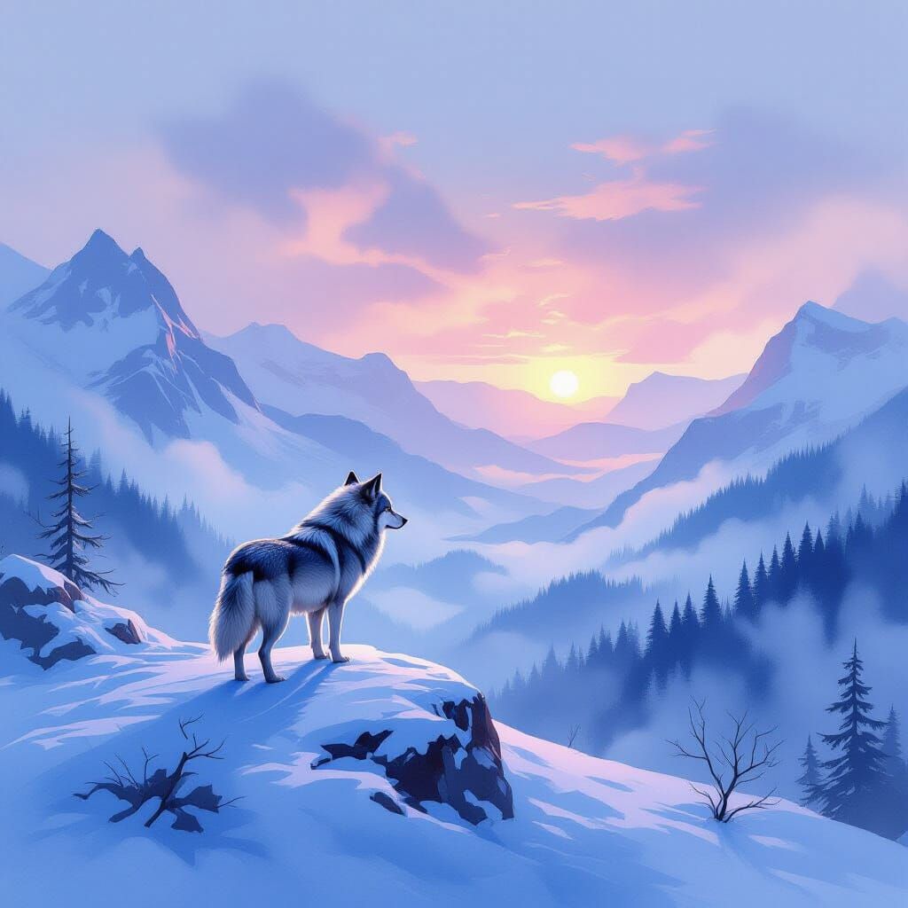 Lone Wolf in Misty Valley: A Watercolor Painting