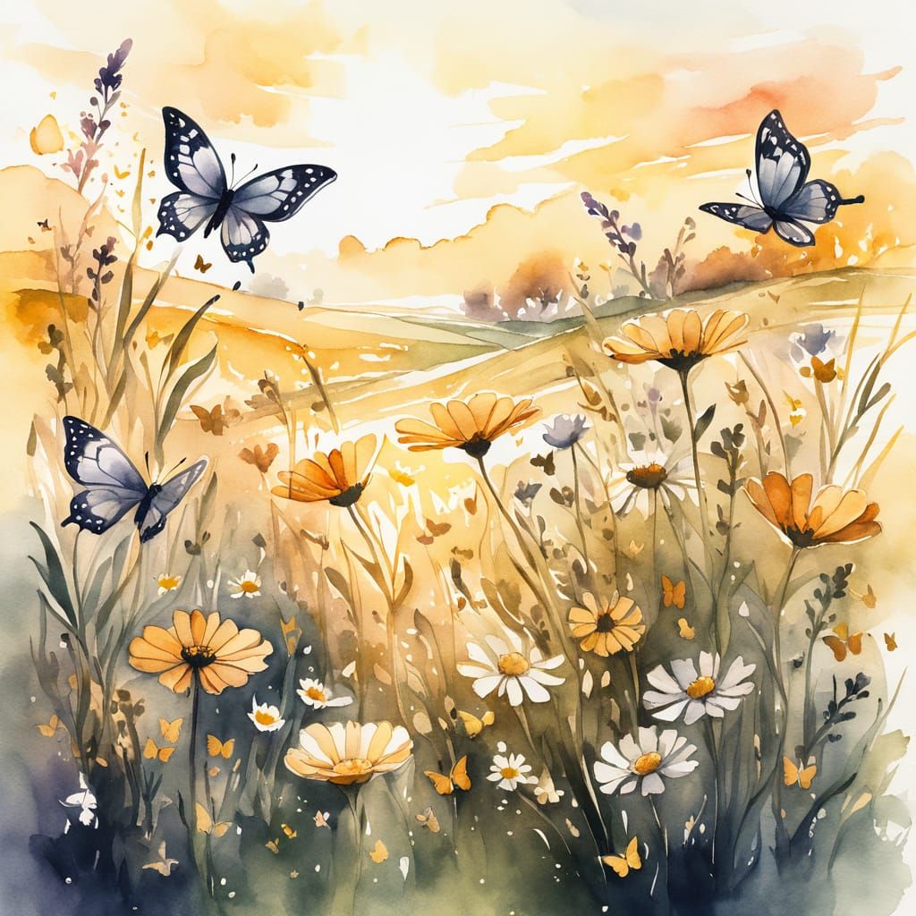Golden Hour Flower Meadow with Butterflies in Watercolor Sty...