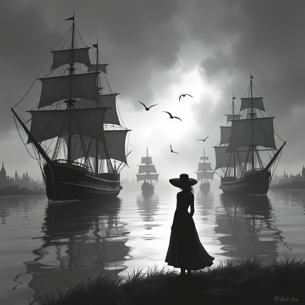 Moody Silhouette on Reflective Water: A Dramatic Black and W...