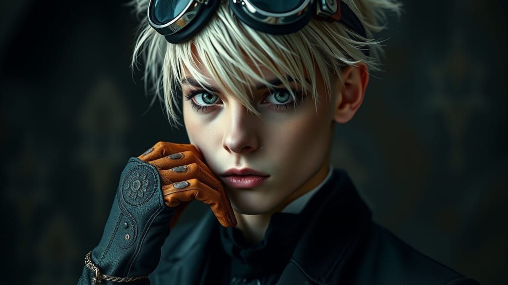 Enigmatic Victorian Steampunk Youth with Piercing Heterochro...