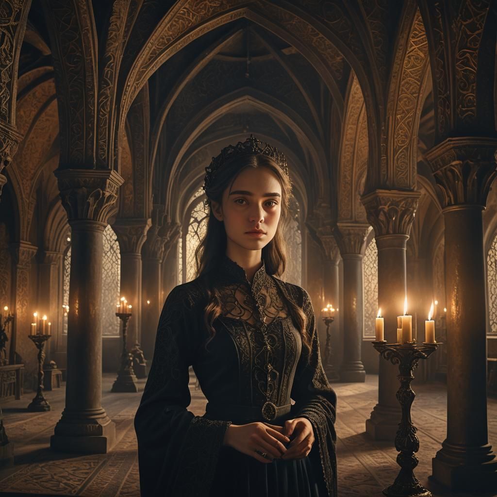 Candlelit Woman in Gothic Room, Surrealist Style