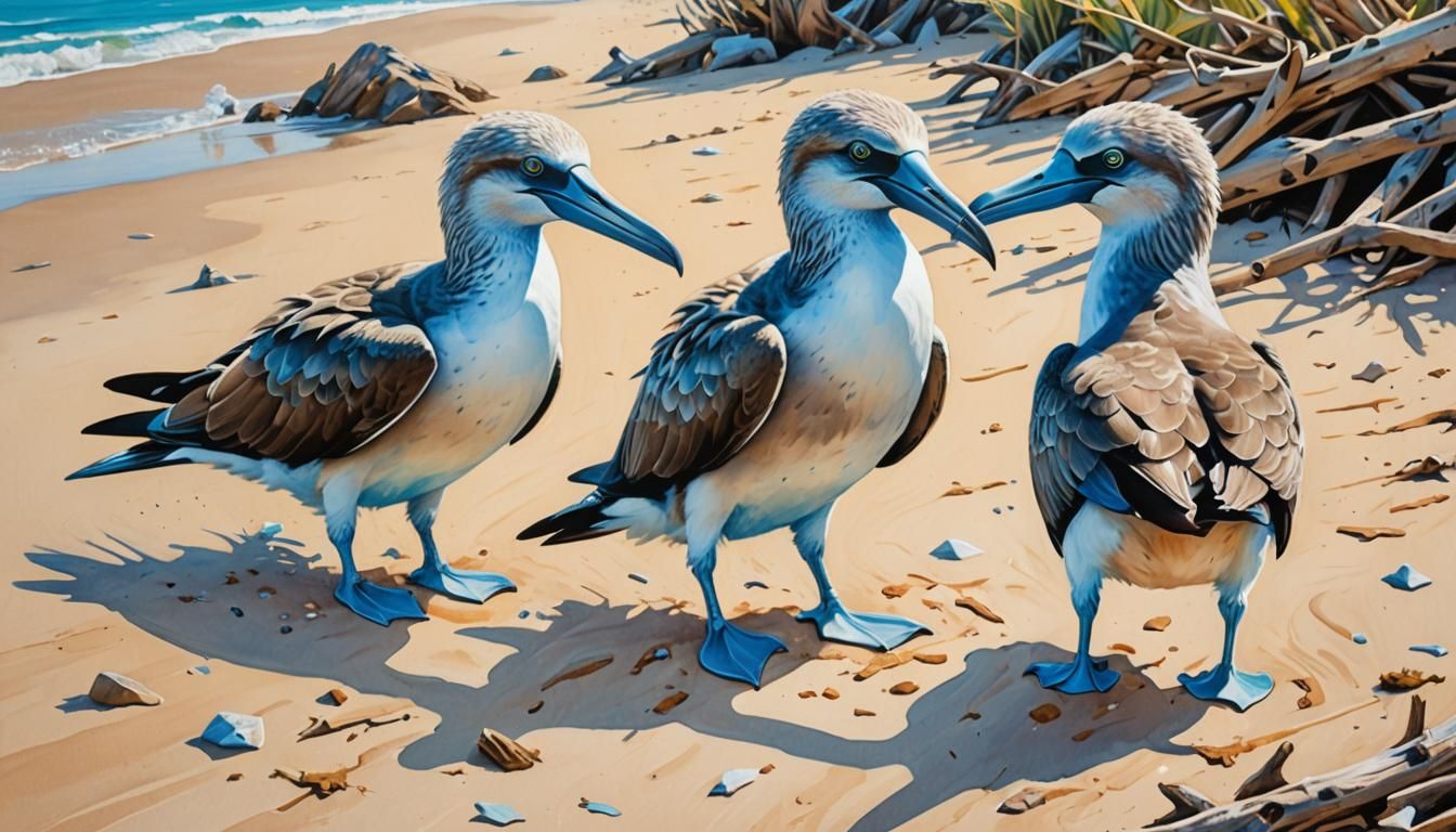 Blue-Footed Boobies on a Beach in Gouache Style