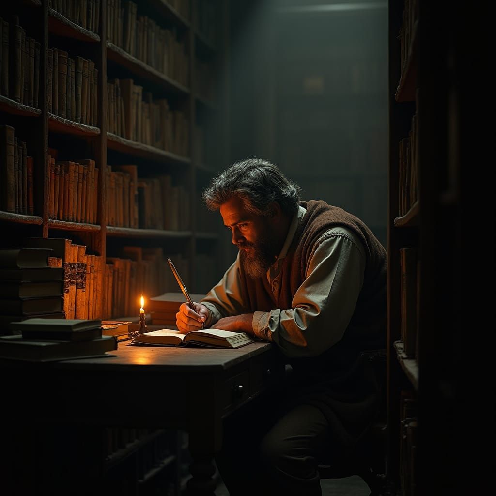 Philosopher in Ancient Library, Chiaroscuro Style