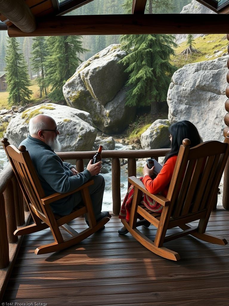 Rustic Log Cabin Scene with Elderly Couple and Brook