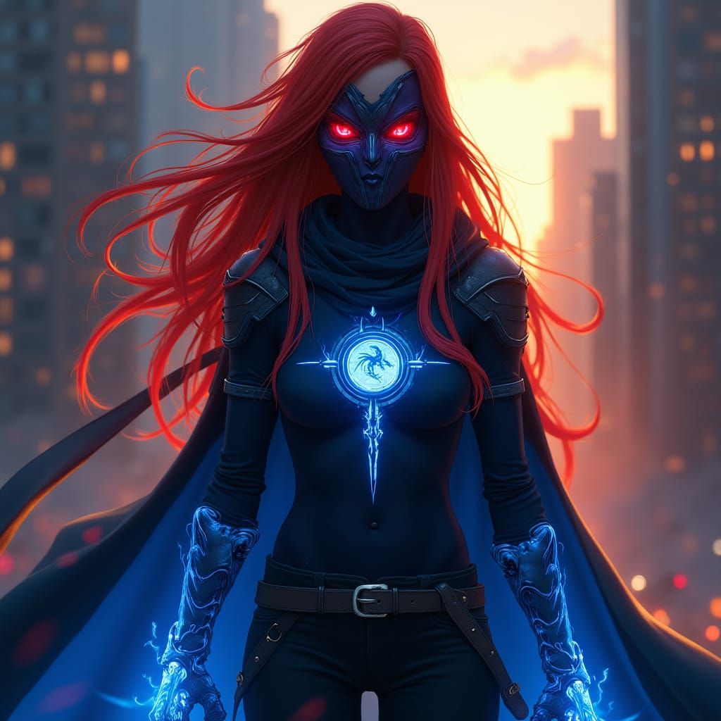 Mysterious Warrior Goddess in Cyberpunk Cityscape