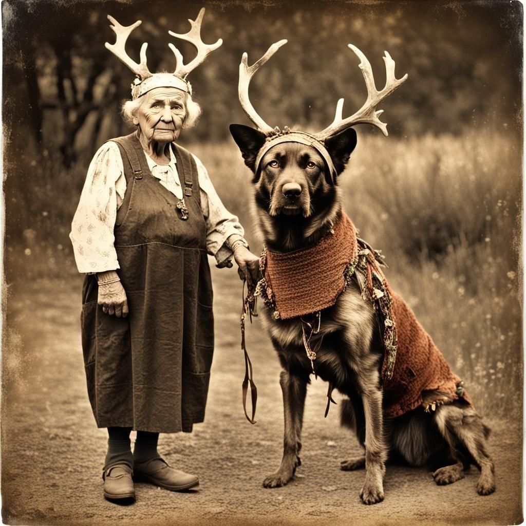 Tinted Portrait of Antlered Woman with Dog