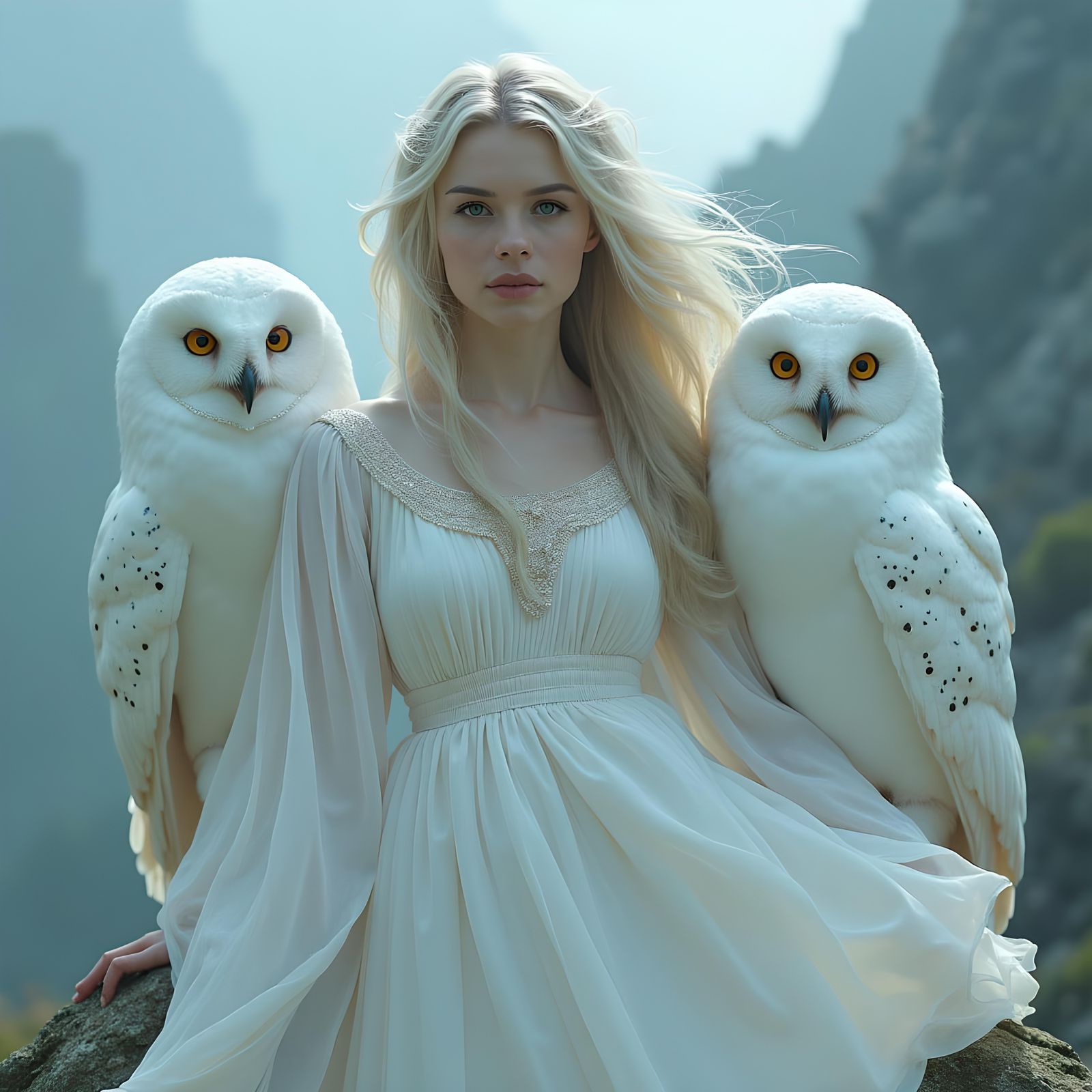 Ethereal Woman with Owls in Renaissance Style