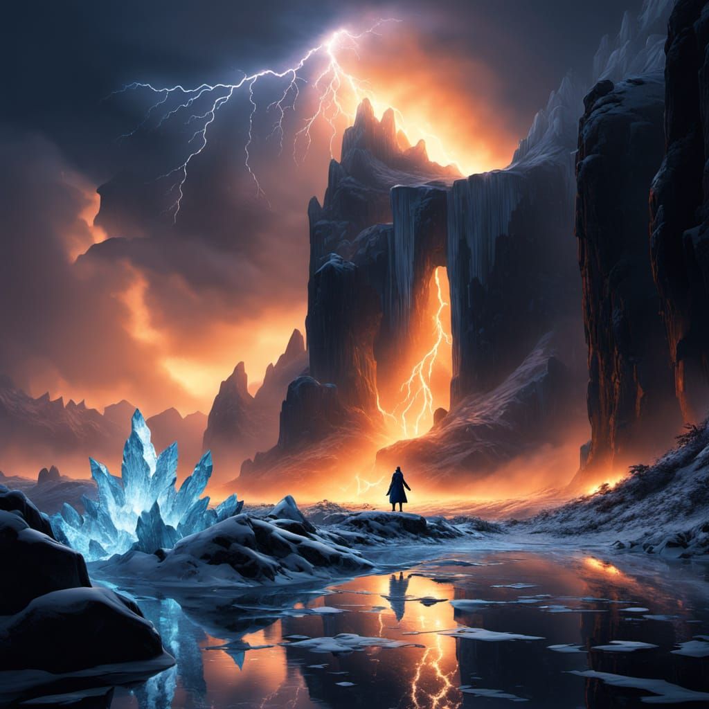 Epic Fantasy Child Summoning Storm in Icy Landscape