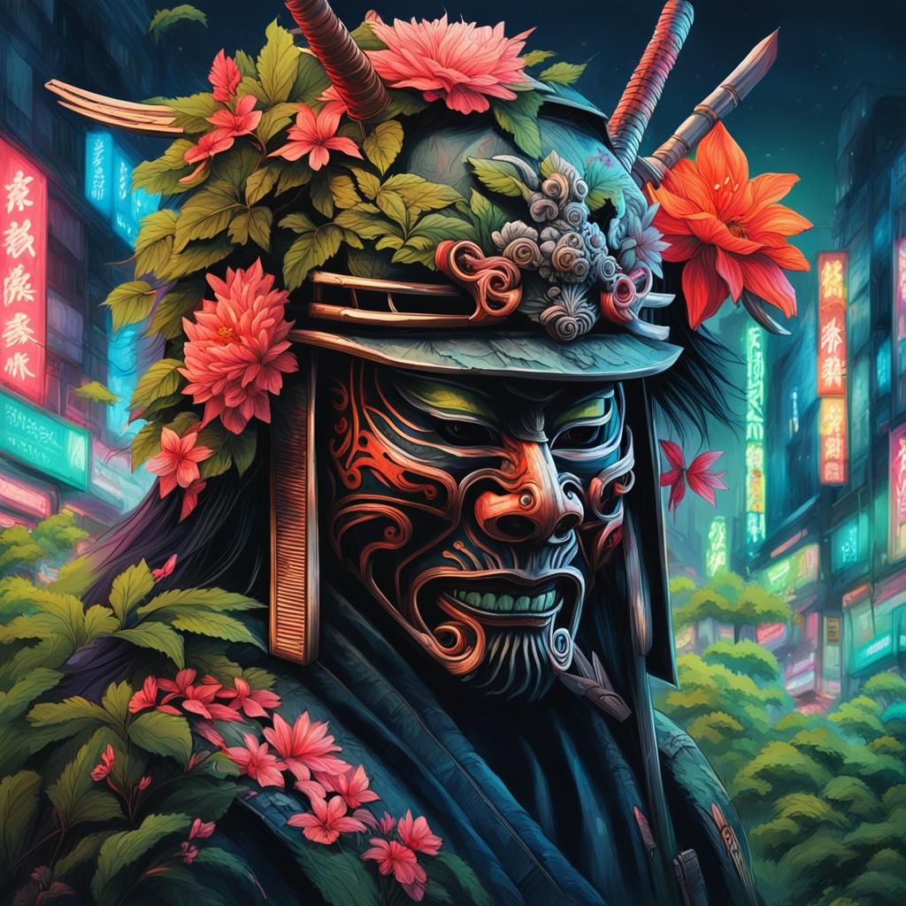 Samurai Warrior Portrait in Post-Apocalyptic Neon City