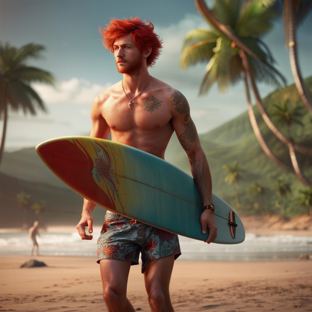 Redhead Surfer on Maui Beach in Detailed Digital Art