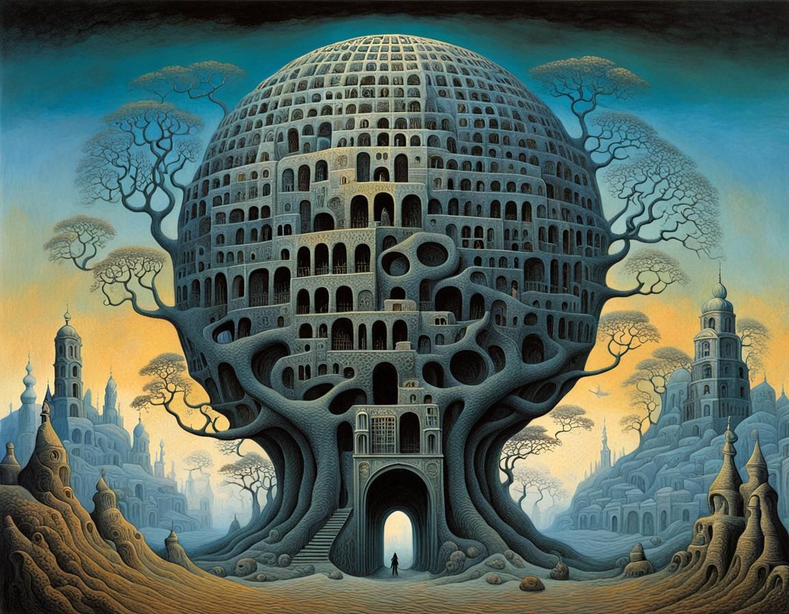 Surreal Tree-Structure Landscape with Architectural Elements