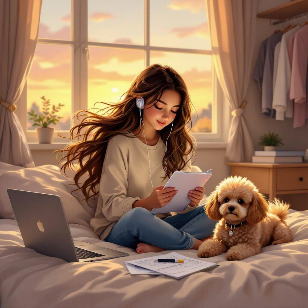 Girl Studying on Bed with Poodle at Sunset