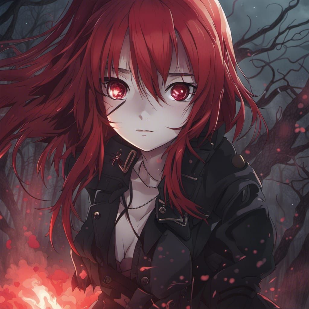 Gothic Red-Haired Girl Under Blood Moon in Anime Style