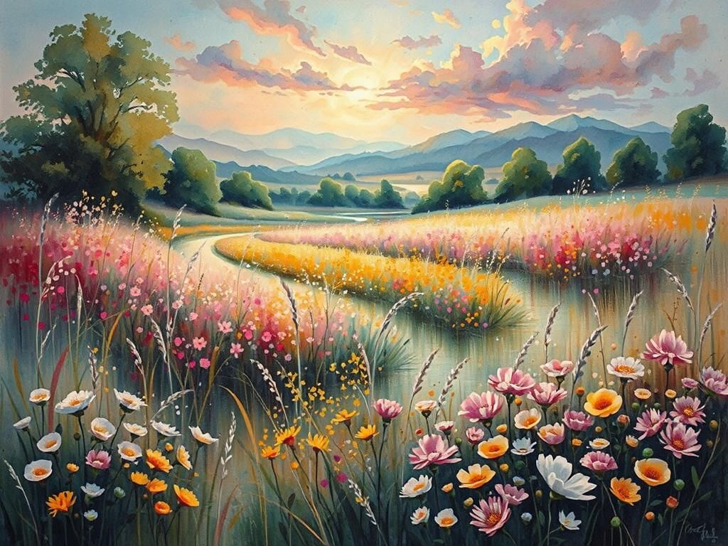 Watercolor River Landscape with Lush Meadow and Flowers