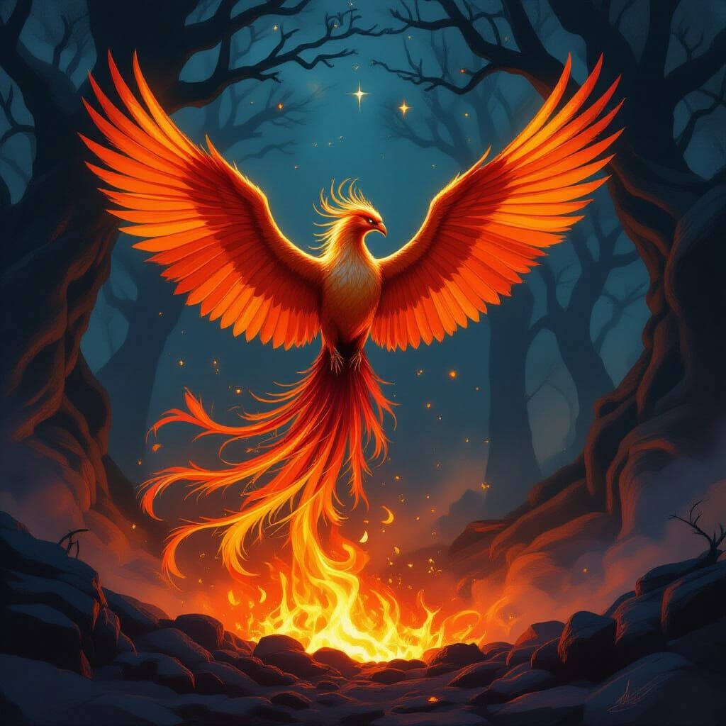 Majestic Phoenix Rises from Embers in Mystical Forest