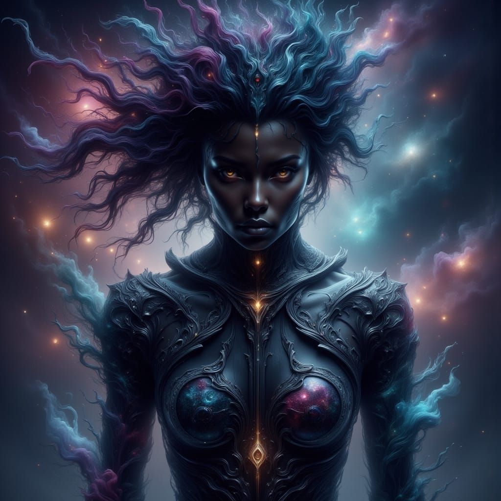 Dark Fantasy Woman in Cosmic Nebula