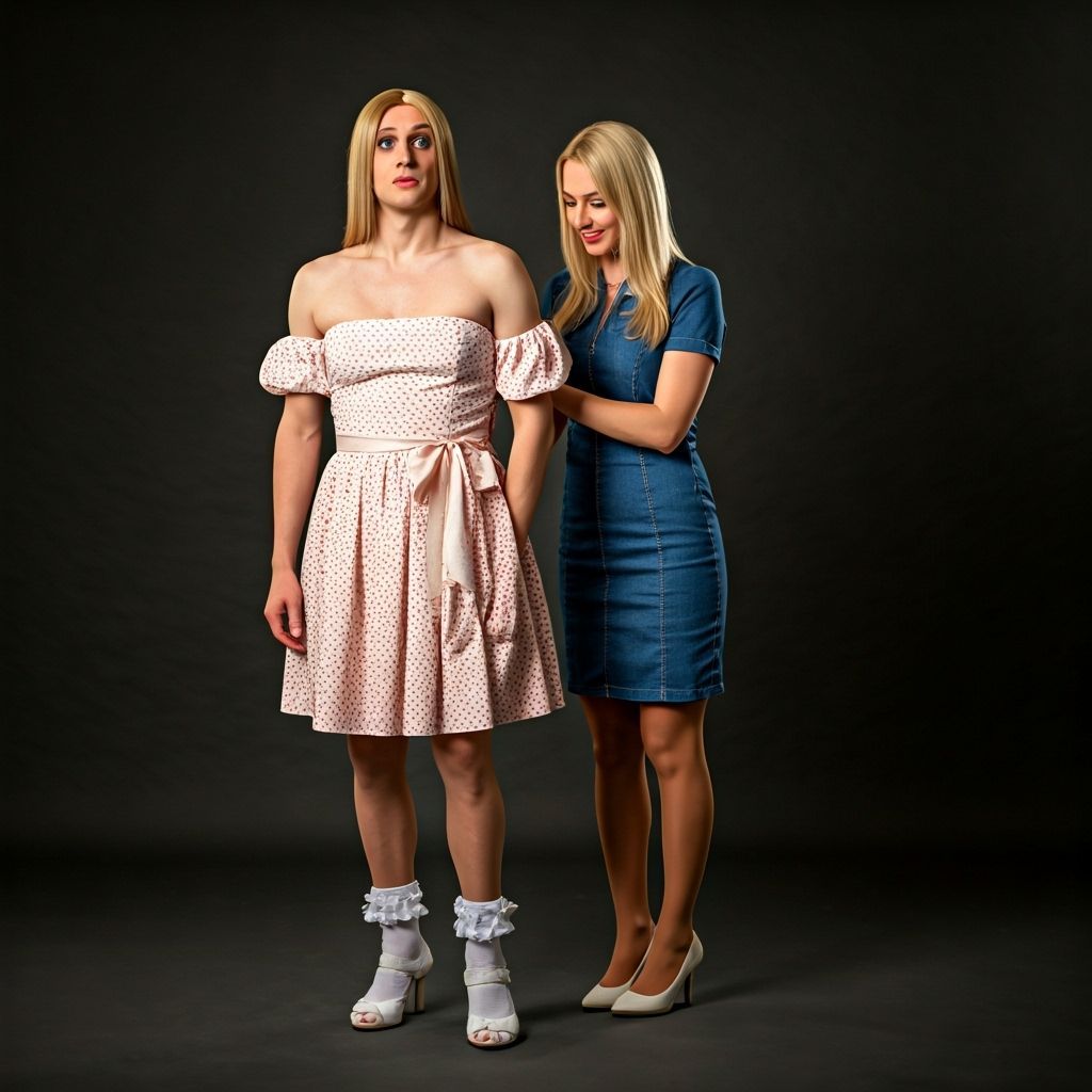 Young Man in Dress, Assisted by Woman