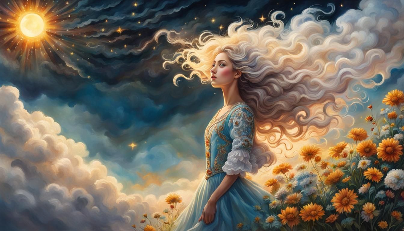 Cloud Girl Reaching for Sun, Digital Art