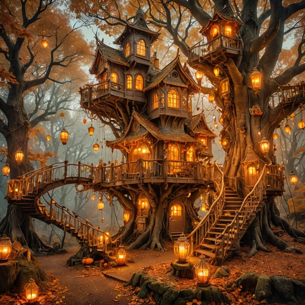 Fantasy Treehouse in Autumn Fairy Tale Forest