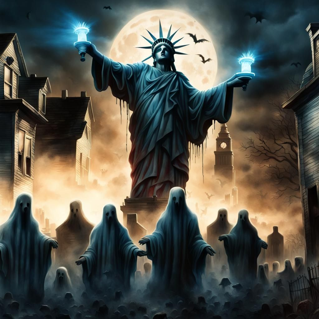 Haunted Statue of Liberty Rises Over Ghostly Crowd