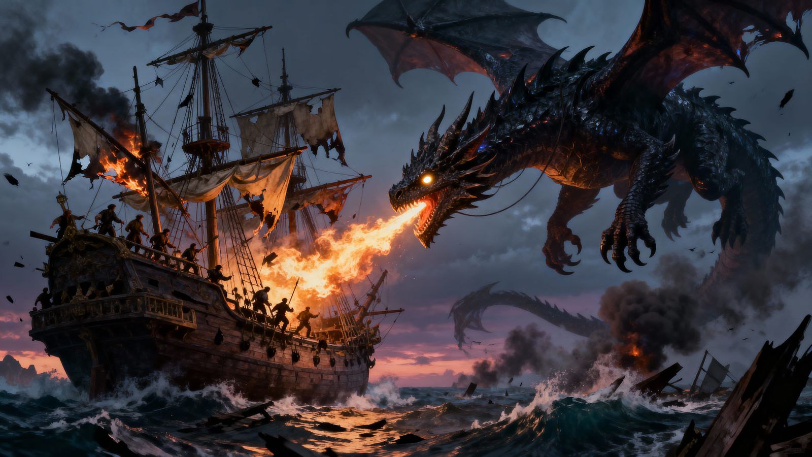 Epic Obsidian Dragon Attacks Galleon in Storm