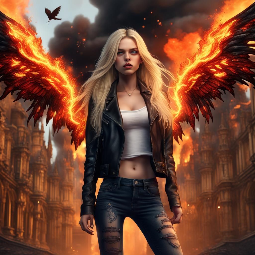 Winged Woman Amidst Burning Castle: Fantasy Art