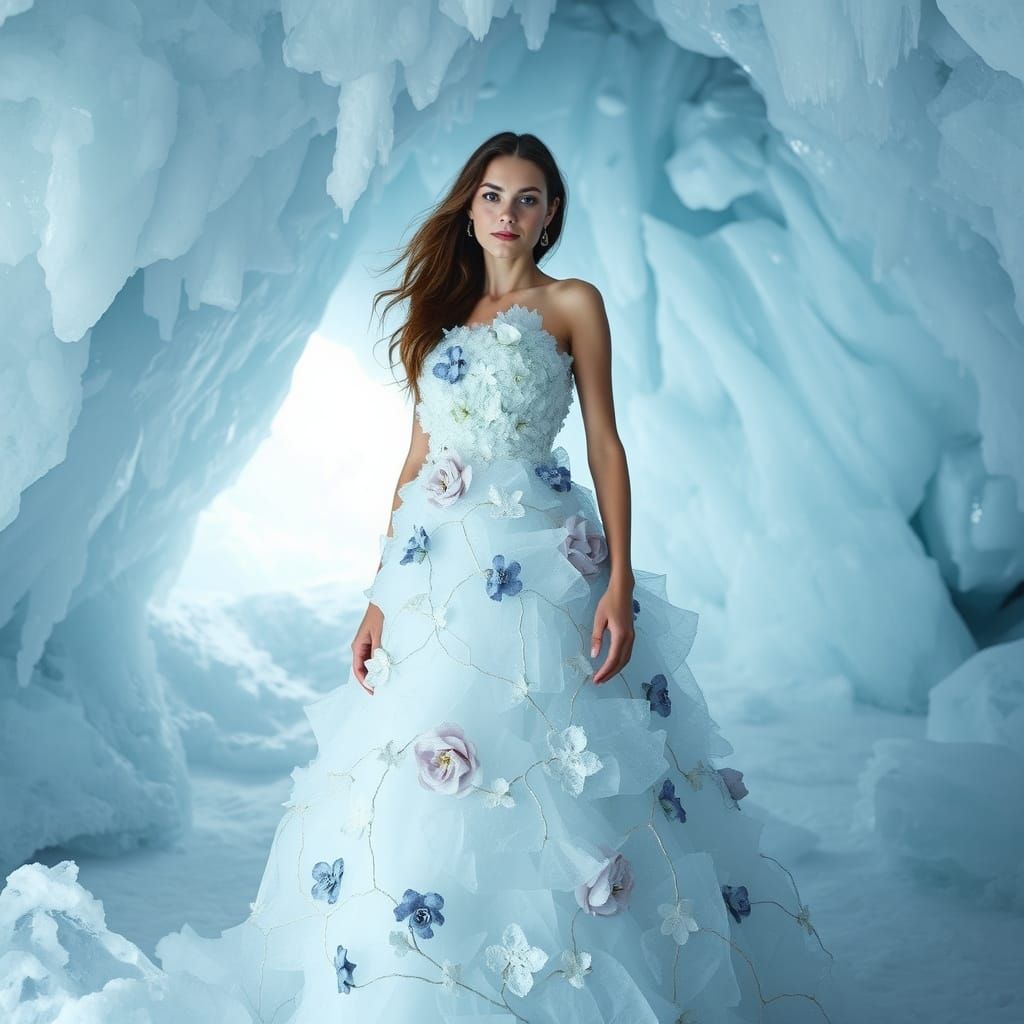 Ethereal Ice Queen: High Fashion in Frozen Cave