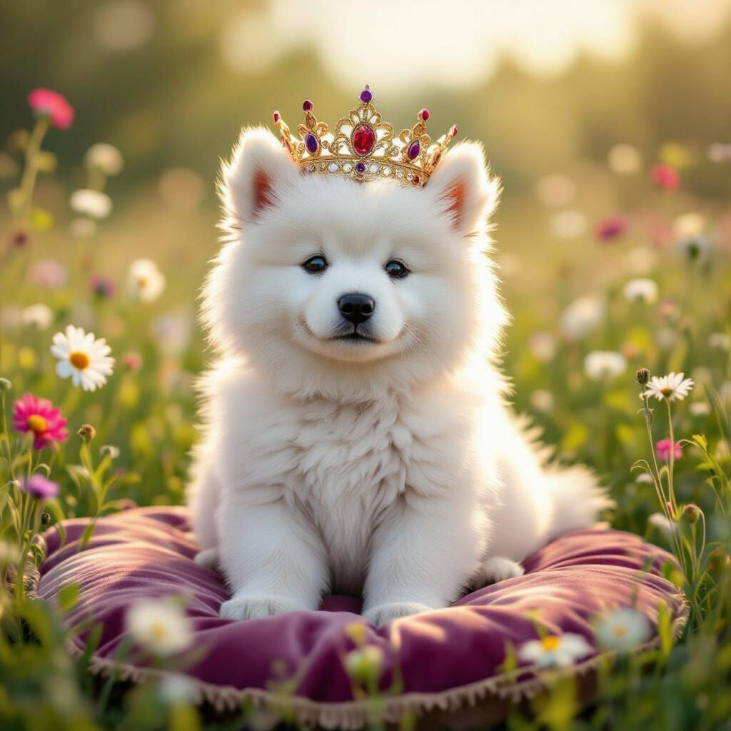 Samoyed Puppy Royalty in a Sunny Meadow