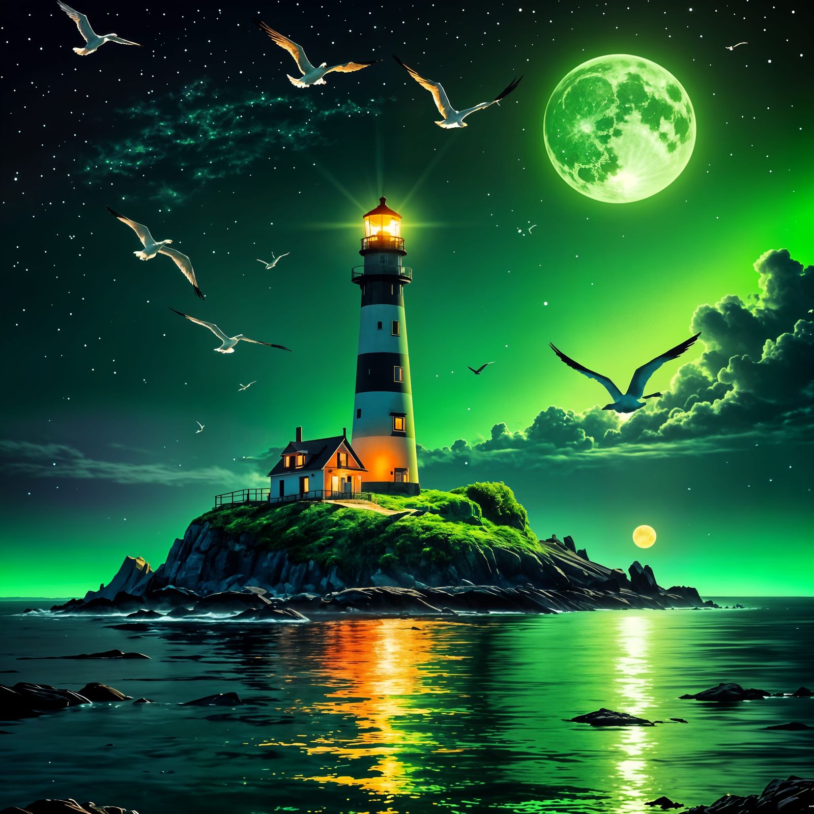 Neon Sunset with Lighthouse and Sailboats