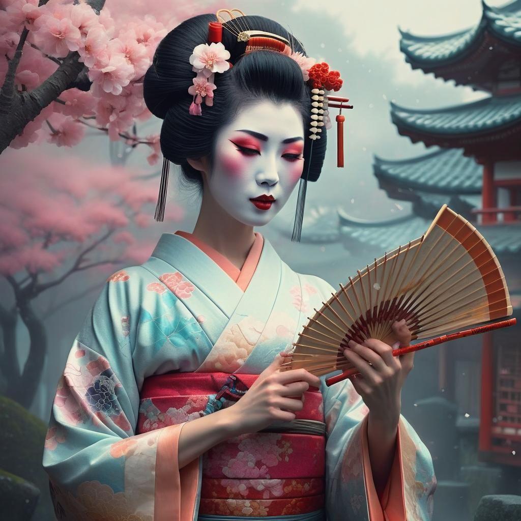 Apricot Geisha Plays Traditional Instrument, Digital Art