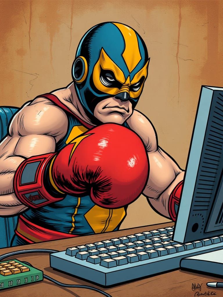 Luchador Wrestler's Office Struggle: A Whimsical Scene