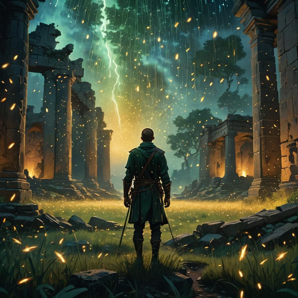 Ethereal Warrior Amidst Fireflies in Ancient Ruins