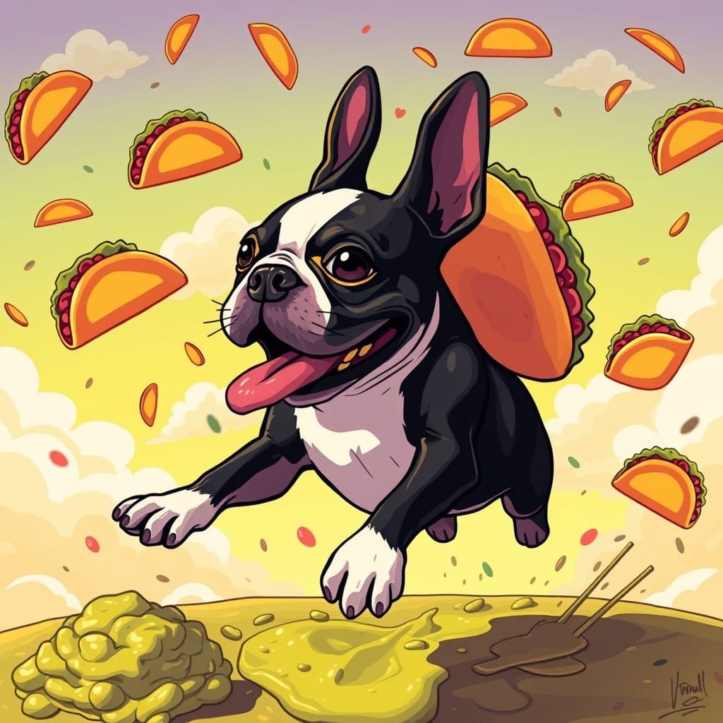 Joyful Boston Terrier Leaps for Vibrant Tacos in Whimsical C...