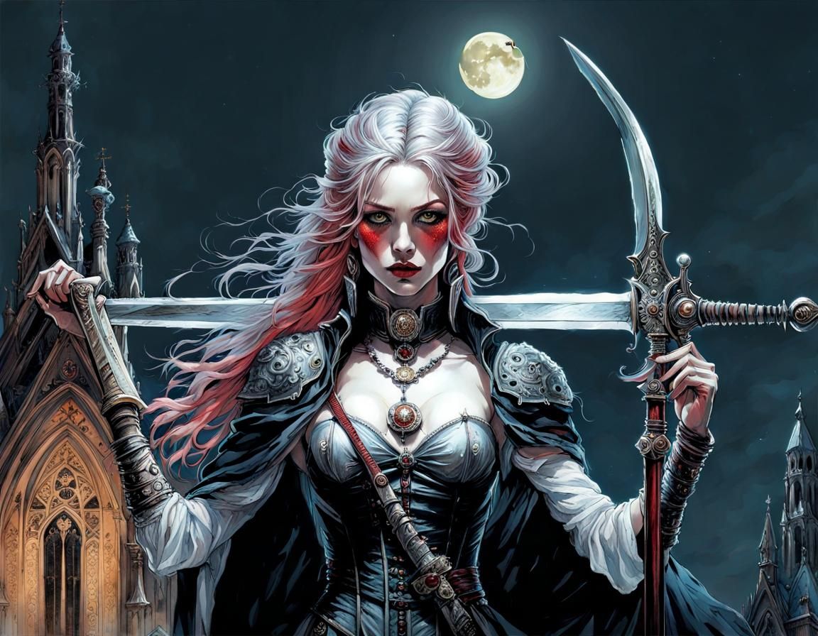 Vampire Hunter Woman with Sword on Gothic Church