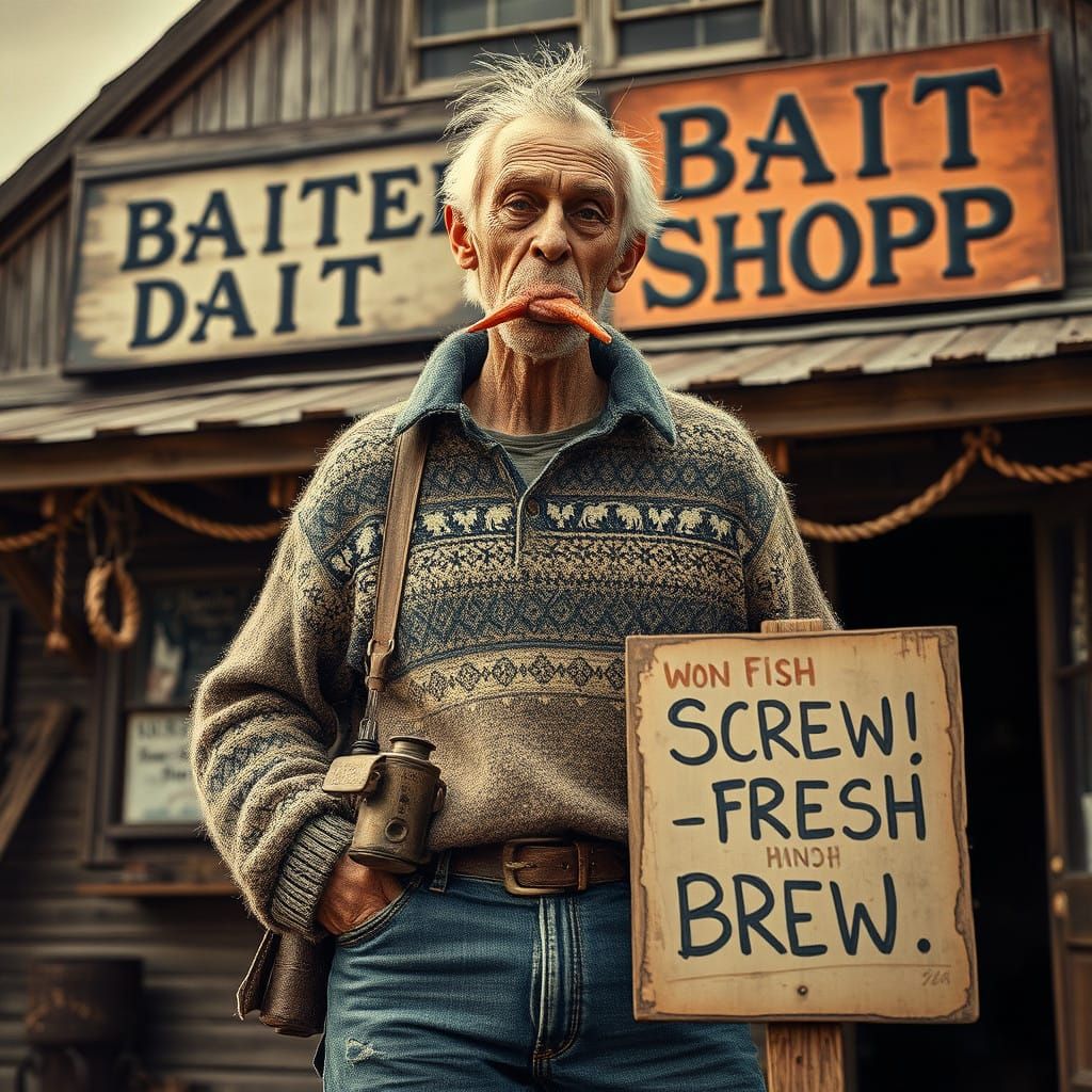 Weathered Fisherman in Rustic Bait Shop