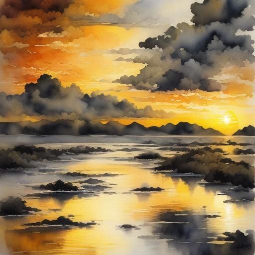 Child's Watercolor Sunset Reflection in Yellow Puddles