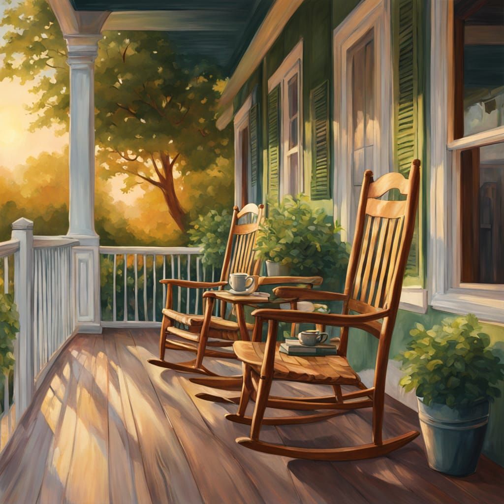 Cozy Porch with Rocking Chairs in Golden Hour Lighting
