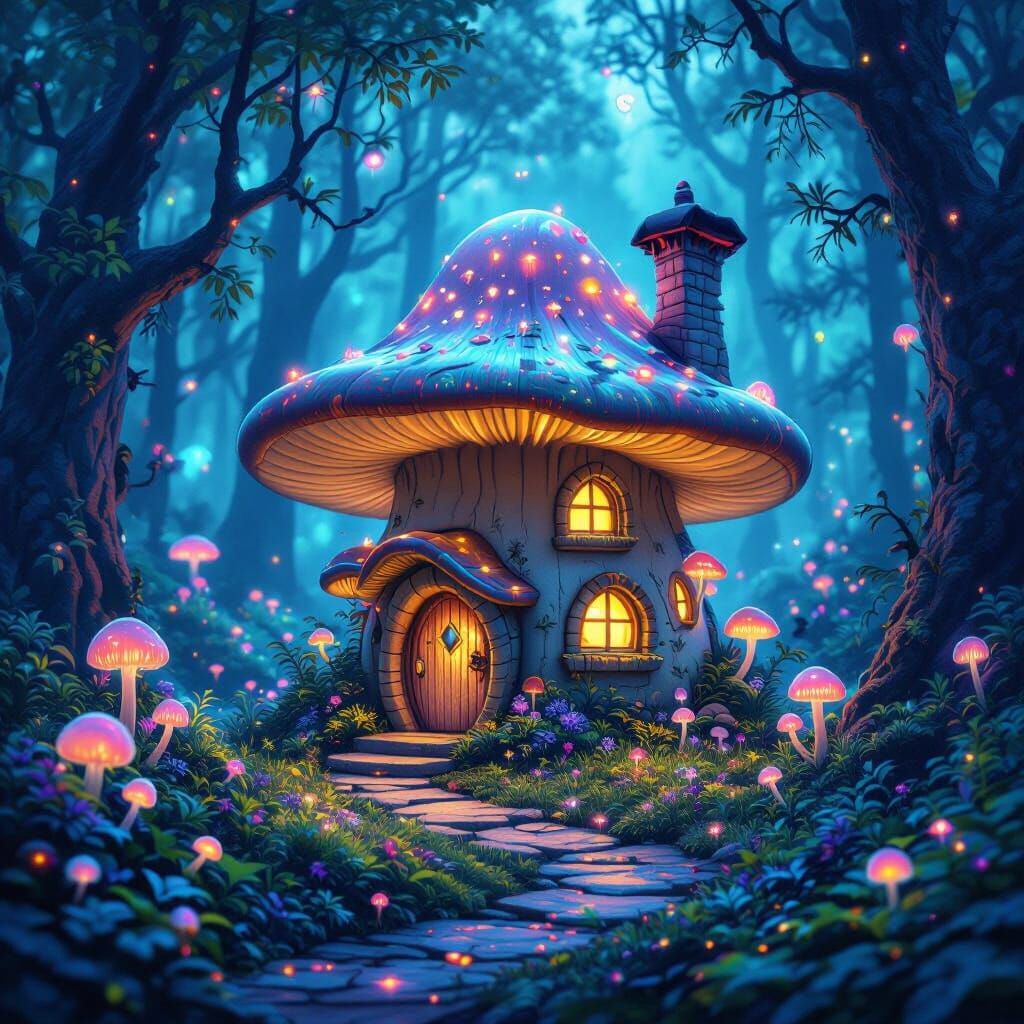 Enchanted Bioluminescent Forest Fairy Mushroom House
