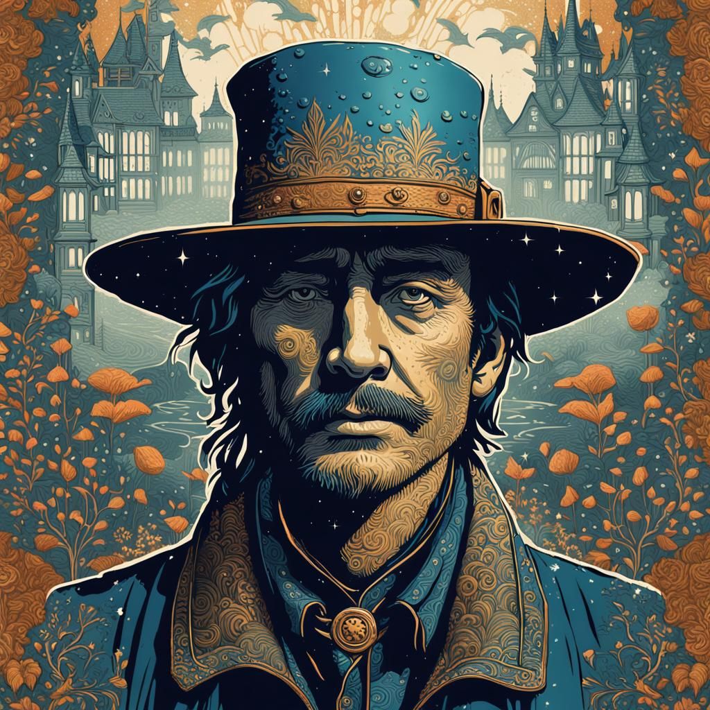 Whimsical Sparkling Portrait in Linocut Style