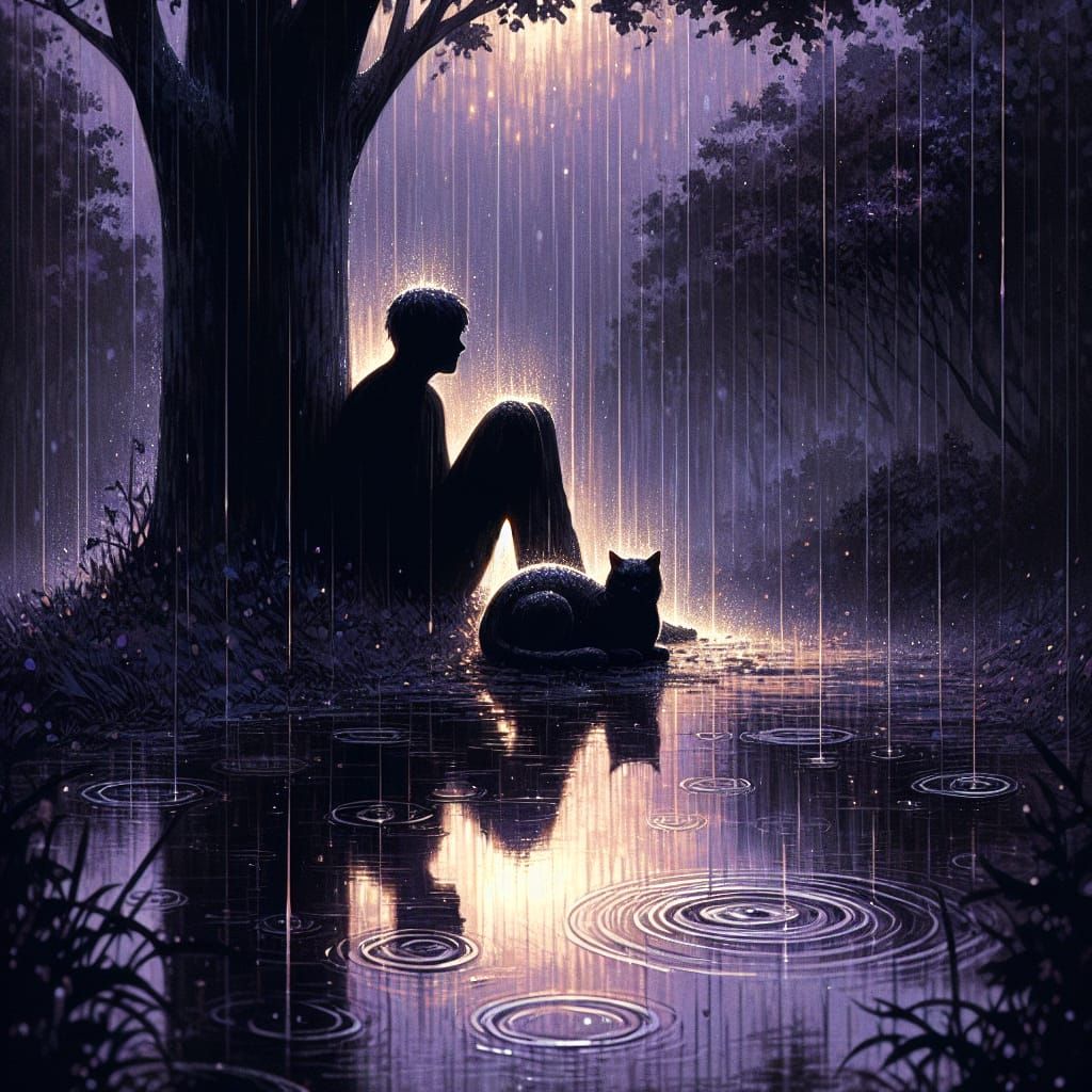 Rainy Dusk: Man and Cat Seek Shelter