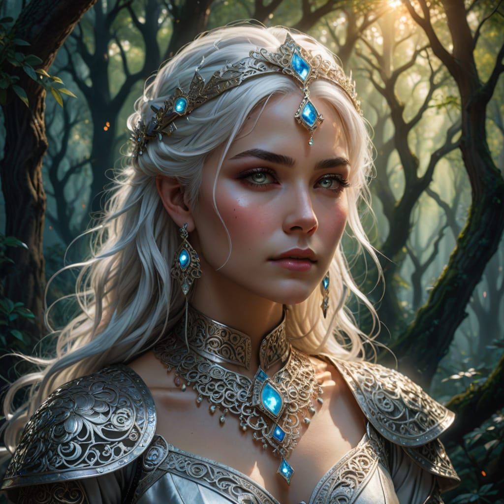 Goddess Portrait with White Hair and Silver Jewelry