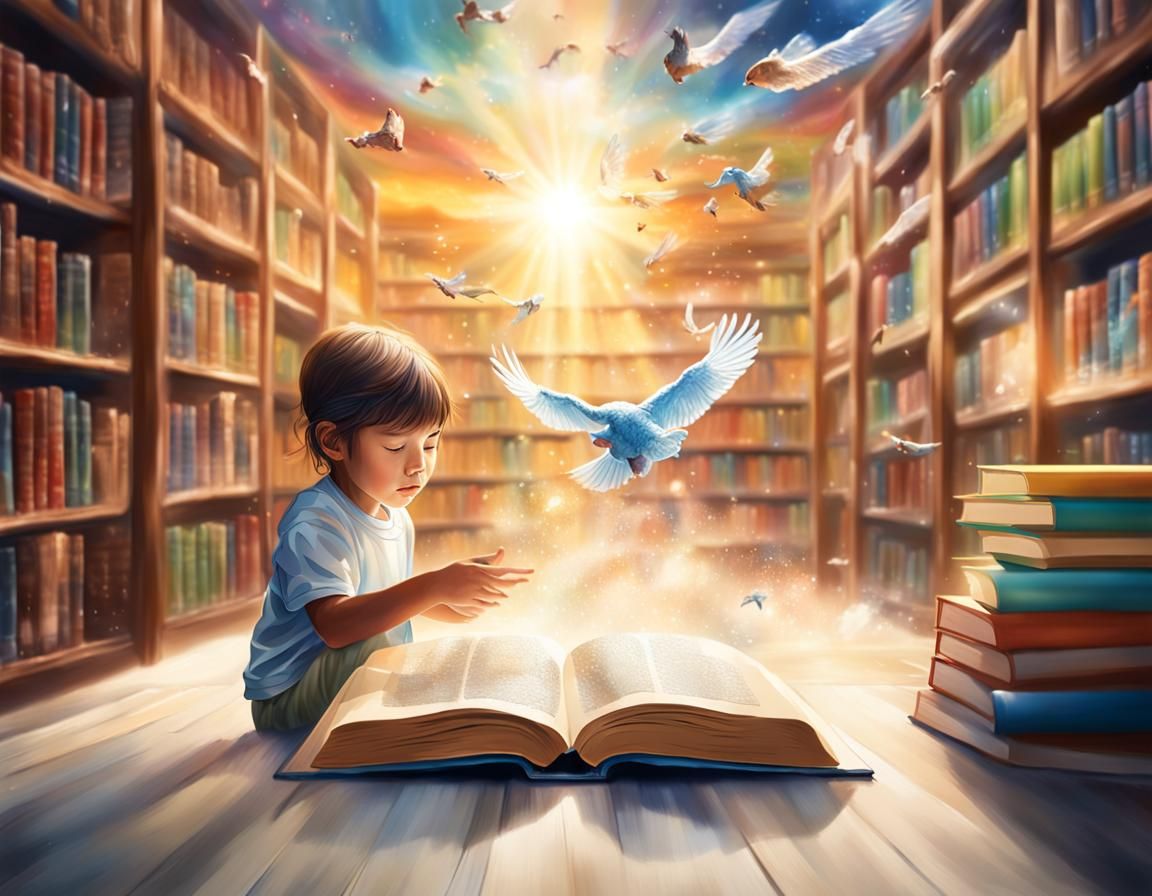 Heavenly Library Scene in Hyperrealistic Style