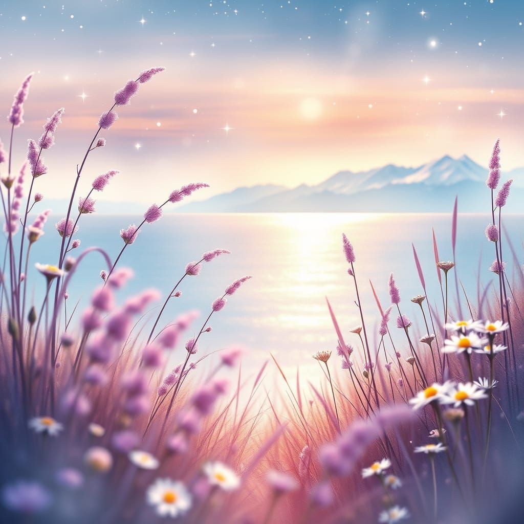 Dreamy Spring Landscape with Violet Grasses and Sea