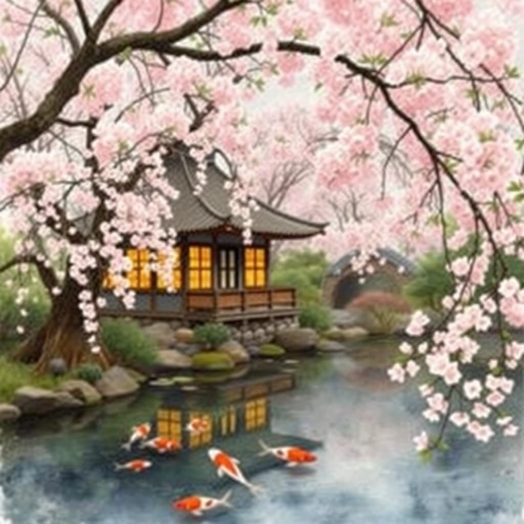 Serene Japanese Garden in Blossom, with Traditional Teahouse