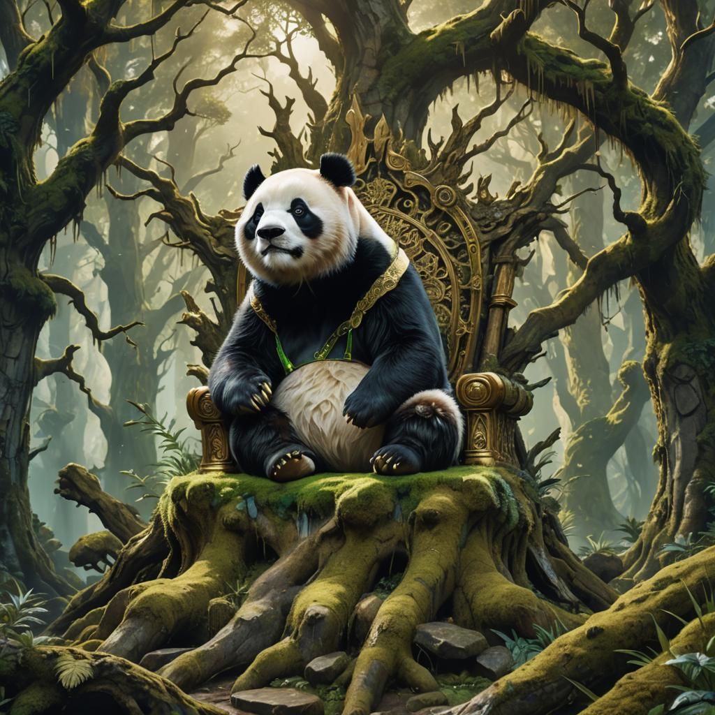 Golden Panda King on Moss Throne, Fantasy Art
