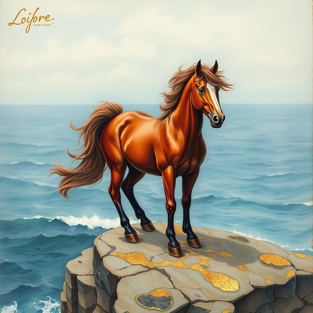 Dynamic Horse on Windy Cliff in Glasswork Style