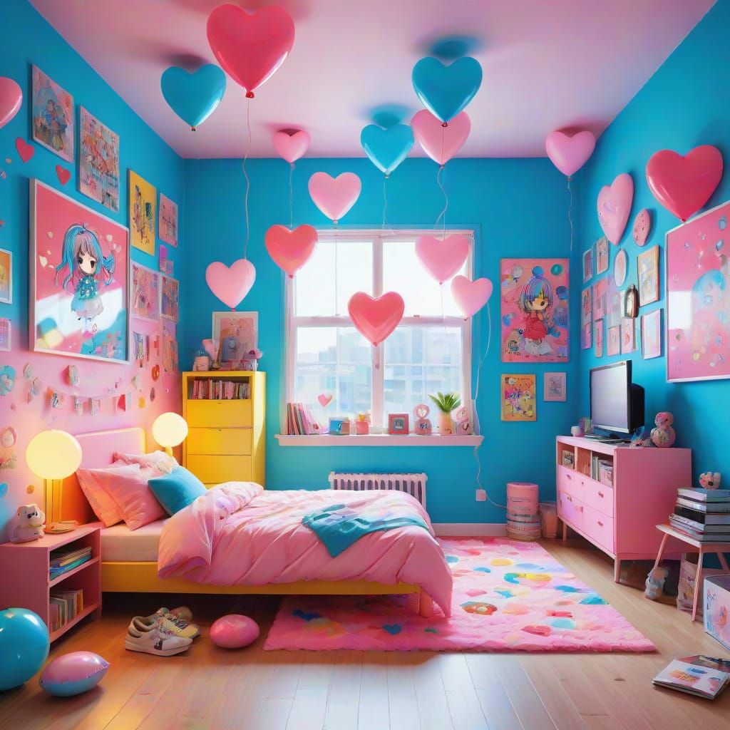 Whimsical 2010s Bedroom Scene in Pastel Hues