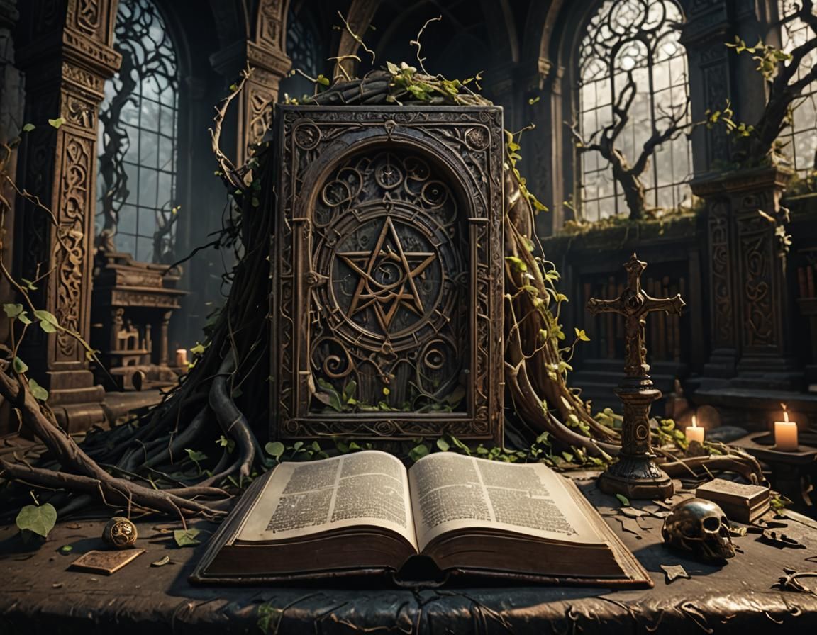 Ancient Occult Book in Eerie Shrine: Fantasy Art