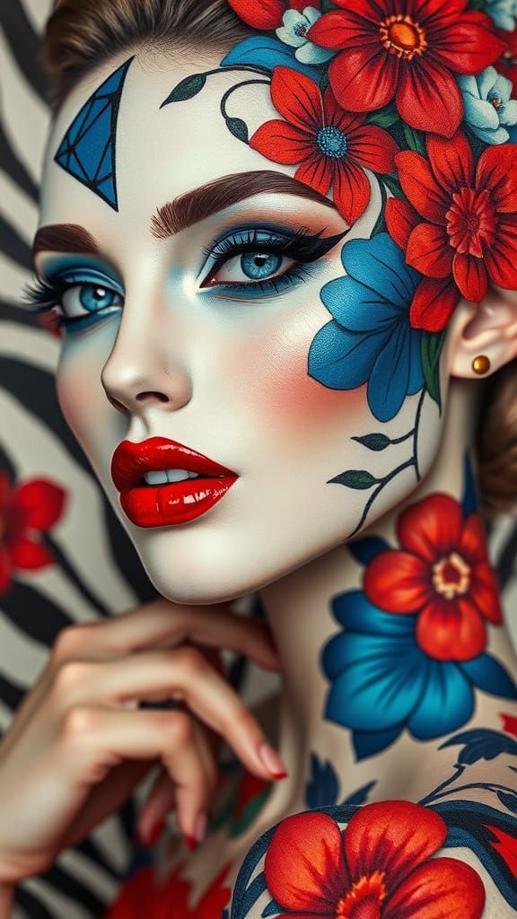 Stunning Woman in Vibrant Geometric Patterns with Cubist Spi...